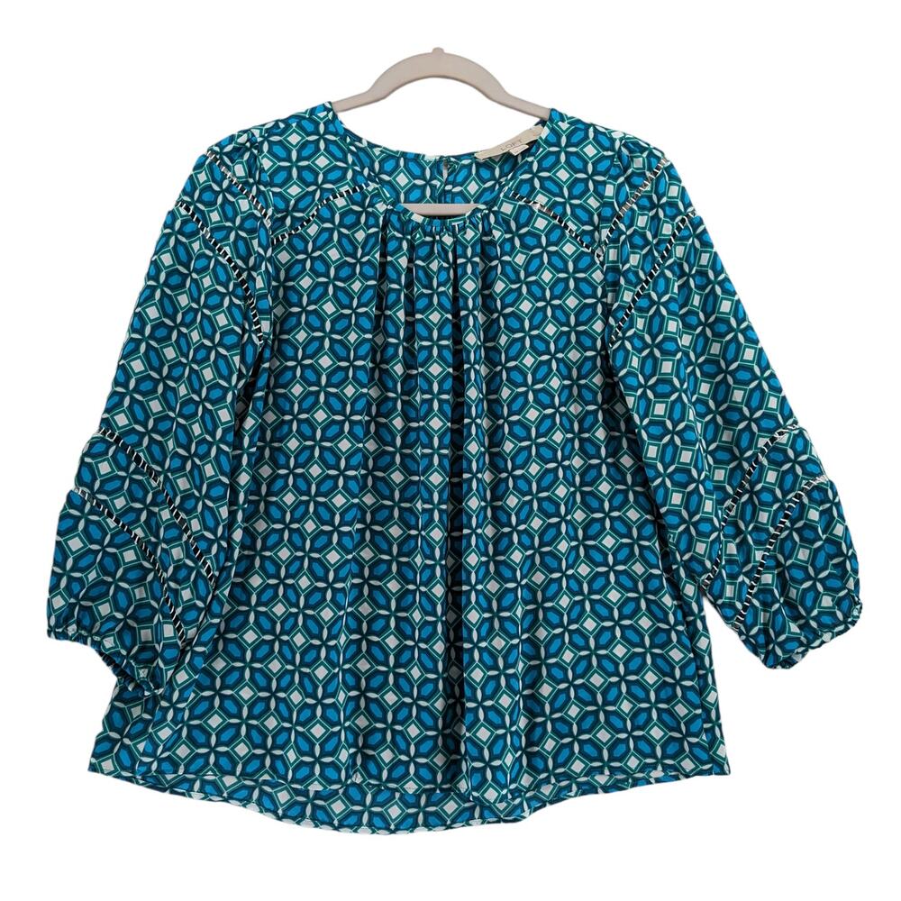 Loft Geometric‎ Print Blouse SP Petite Blue Green Loose Fit Ladder Pleated Flowy